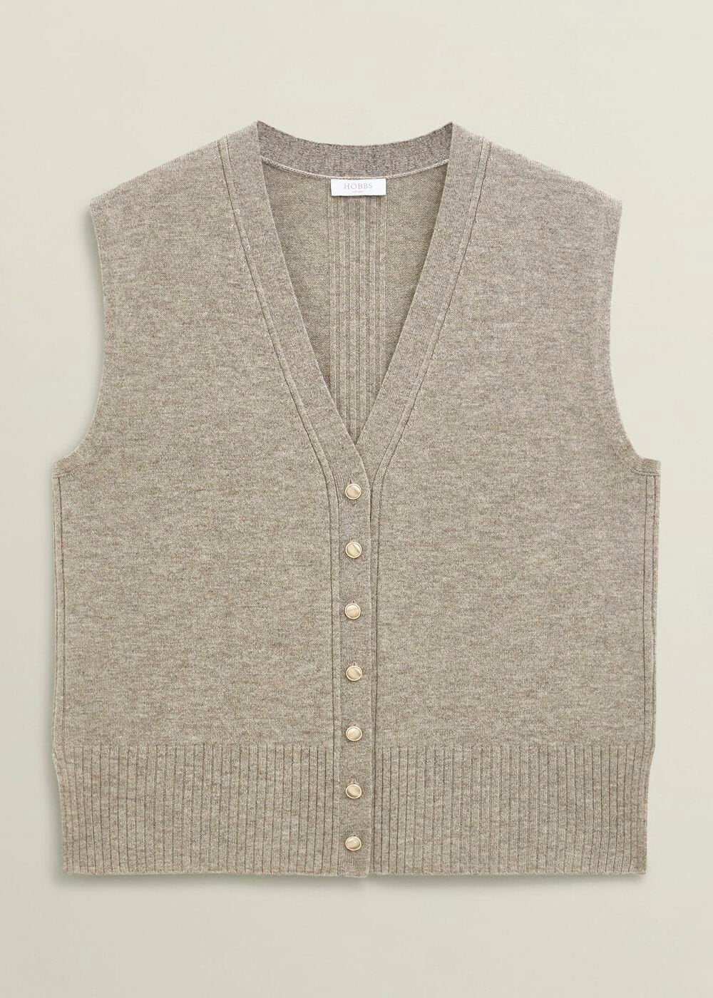 Beige Maya Wool Cashmere V Neck Button Knitted Vest