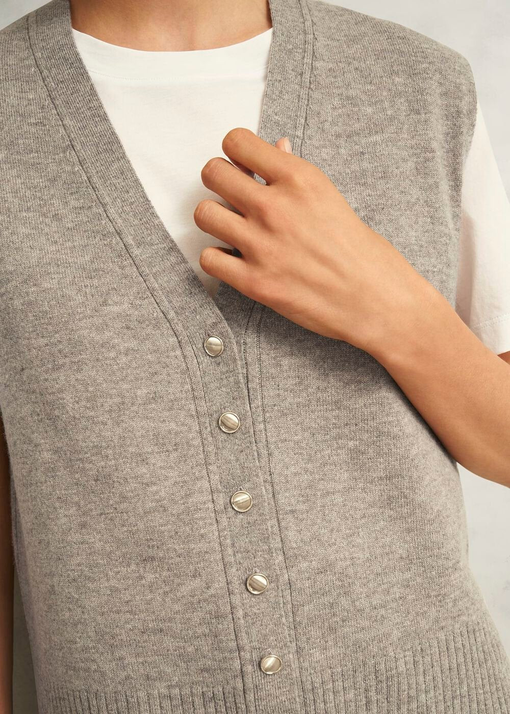 Beige Maya Wool Cashmere V Neck Button Knitted Vest