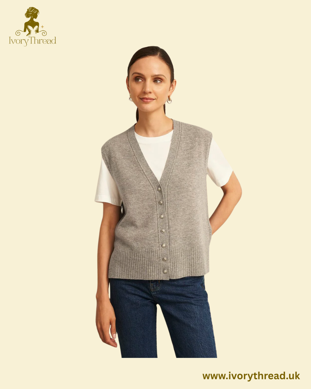 Beige Maya Wool Cashmere V Neck Button Knitted Vest