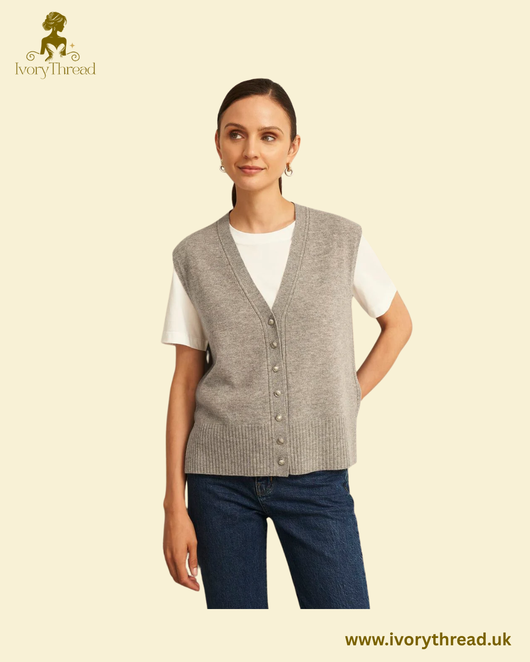 Beige Maya Wool Cashmere V Neck Button Knitted Vest